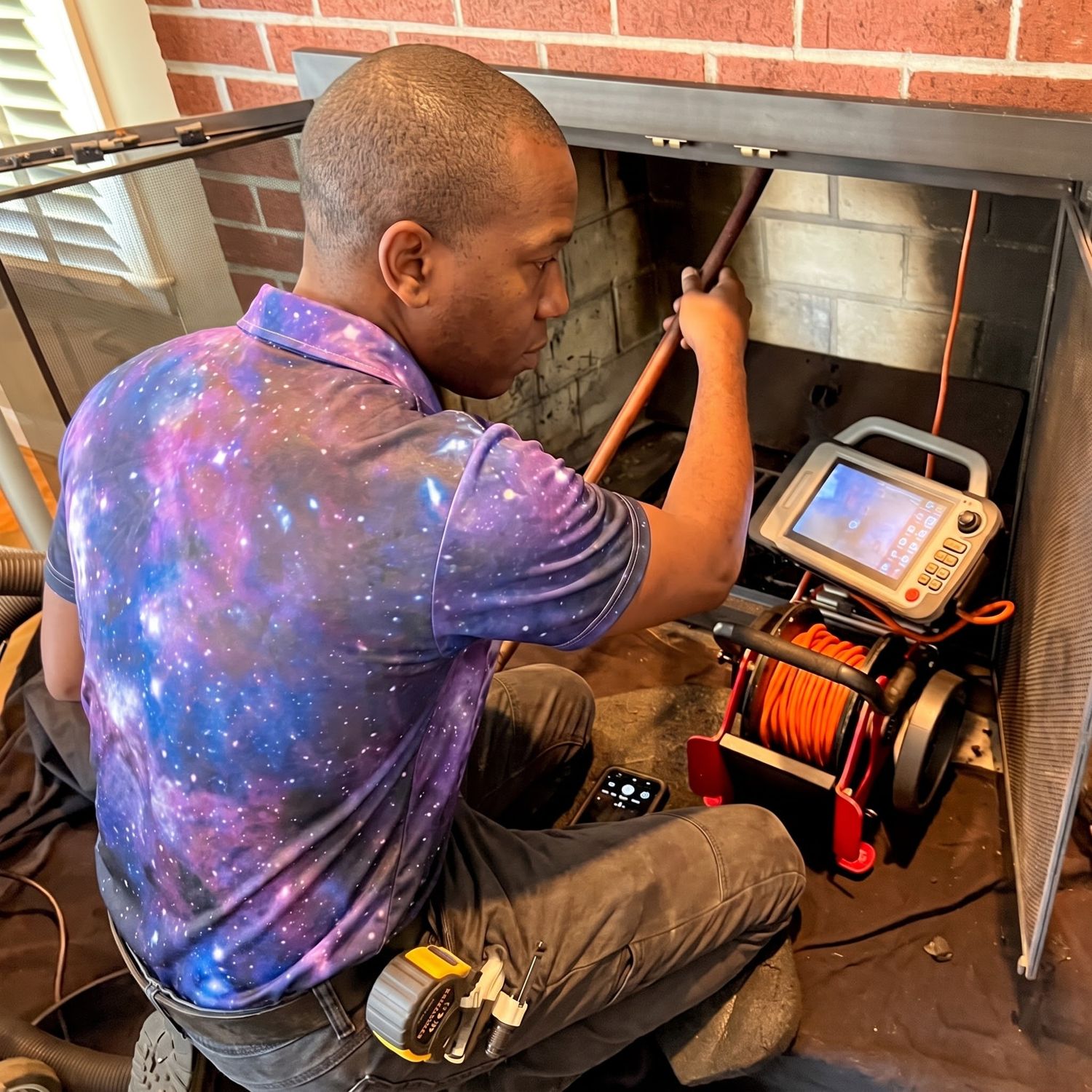 Space technician running a camera inspection inside a fireplace